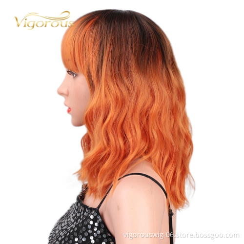 Best Quality Wholesale Glueless With Bang Ombre Black Auburn African Loose Wave Cheap Afro Heat Safe Synthetic Wig